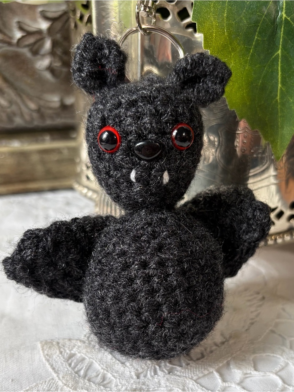 Black hand crocheted bat keyring